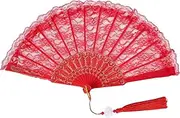 Fsfsdg Lace Handheld Folding Fan Chinese Japanese Vintage Fan for Wedding Dancing Tea Party (Red)