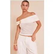 Cream Textured Trim Detail Bardot Top, Cream