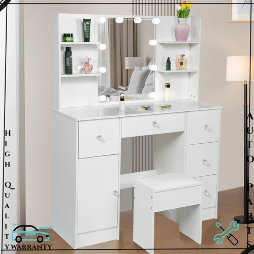 White 5-Drawers Dressing Table and Stool Make up Desk Set with LED Lights Mirror