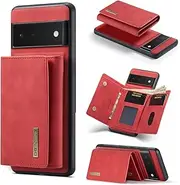 Yidai-Silu Google Pixel 6 Pro PU Leather Case 【2in1 Design, Kickstand Function】 Detachable Magnetic Wallet Card Holder Case TPU Shockproof Back Cover for Google Pixel 6 Pro - Red