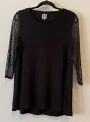 Anne Klein Black Blouse Tunic Top Sheer Polka Dot 3/4 Sleeves Medium