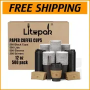 500 Pack 12 oz Disposable Coffee Cups with Lids & Sleeves - Black Insulated Set