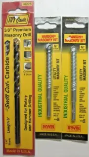 Ivy Classic Irwin Hanson USA Lot 3 Carbide Hammer 3/8" Drill Bits Masonry 4" 6"