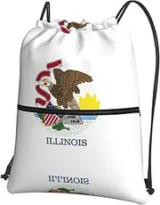 EdWal Illinois State Flag Print Drawstring Backpack Gym Bags Sports Bags With Zipper Pocket For Travel Beach, Black, One Size