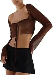 [Generic] Women's Open Front Long Sleeve Sheer Mesh See Through Crop Top