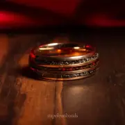 Dome Polished Rose Gold Tungsten Meteorite and Dinosaur Bone Ring Wedding Band