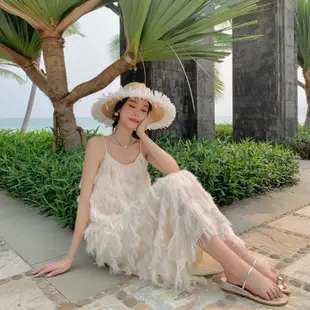 波西米亞白色吊帶洋裝女夏季寬鬆流蘇法式海邊度假沙灘仙氣長裙子