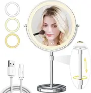 ZHUOTHAN 9in Lighted Makeup Mirror, Rechargeable&Adjustable Vanity Mirror, 1X/20X Double Sided Magnifying Mirror, 5000mAh, 360 Rotate, 3 Color Lights, Brightness Adjustable with 60 LEDs, Silvery