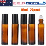 24X 10ml Amber Roll on Glass Bottles Set Essential Oil Metal Roller Ball Empty