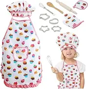 Kids Chef Set(11Pcs), Pretend Play Kids Baking Sets for Girls with Apron, Chef Hat, Cooking Mitt and Cookie Cutter, Kids Chef Hat and Apron for Girls Birthday Gift-