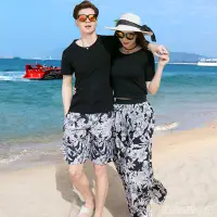 在飛比找蝦皮商城精選優惠-免運 沙灘情侶裝 夏裝海邊度假 親子套裝 闊褲腿 大碼短袖 