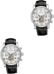 [LIFKOME] 2pcs Automatic Mechanical Watch Mechanical Watches Casual Watches for Men Pu Band Wrist Watch Silver and White Wrist Watch Men's Watch Mechanical Wrist Watch Automatic Wrist Watch