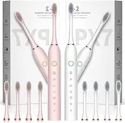 Lukern 2 Pack Sonic Electric Toothbrush, 6 Modes 42000vpm, Toothbrush with 2 Minute Built-in Timer and 8 Brush Heads,White+Pink