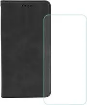 LCEHTOGYE Cover for Redmi 12 + HD Tempered Glass,Shell PU BracketBumper Protective Back Case - Anti-Scratch Screen Protector for Redmi 12-YSNQ - Black
