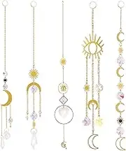 Simpeak 5Pieces Colorful Suncatcher Pendant Hanging Crystal Prisms with Chain, Gold Alloy Chain+Moon+Sun+Prism Ball Rainbow Sun Catcher Prisms for Garden Party Home Christmas Holiday Decoration