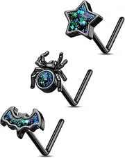 [CM Crareesi Mania] 3PCS Halloween Nose Studs L Shaped Black Bat Spider Star Nose Nostril Piercing Jewellery 316L Surgical Steel Gothic 20G Nose Rings for Women Men