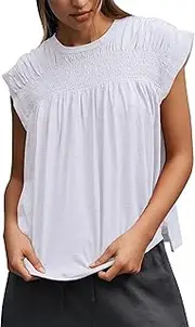 [Sujama] Women’s Summer Smocked Pleated Boho Blouse Floral Crewneck Ruffle Cap Sleeve Shirts 2025 Trendy Loose Fit Casual Tops