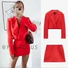ZARA NEW 2 PIECE LINEN BLAZER + SKIRT SUIT SET RASPBERRY RED XS - XL