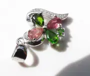925 Sterling Silver Pendant w Pink Tourmaline Chrome Diopside faceted Gemstones