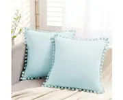 Set Of 2 Velvet Cushions With Pompoms, Plain Christmas Cushion Covers, Decorative Cushion Cover, Seat Cushion, Decorative Cushion, Light Blue