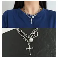 在飛比找momo購物網優惠-【HaNA 梨花】韓國中性男女街頭十字架．雙層設計珍珠十字項