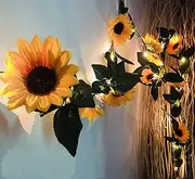 2 Pack Artificial Sunflower Vine with 100LED Fairy Lights, 2.6m Silk Sunflower Garland with 9 Flower Heads Battery Powered 10m Fairy String Lights for Indoor Bedroom Home Garden Party Wedding Decor