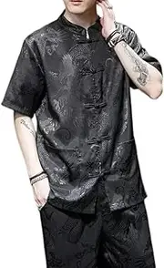 [JSJTAMUS] Tang Shirt Men Silk Striped Dragon,Tang Suit Short Sleeve,Hanfu Chinese Traditional Clothes,Tai Chi Clothing