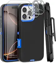 Case for iPhone 16 Pro Max Case 6.9" Belt-Clip Kickstand Holster with 2 Screen Protector + 2 Camera Lens Protector,Full Body Heavy Duty Military Grade Drop Protection Cover (Black Blue+Clip)