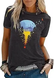 [Binshre] Sunset Shirts for Women Vintage Graphic Pine Tree T Shirt Summer Short Sleeve Camping Travel Tee Tops