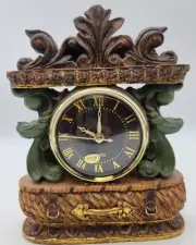 Decorative Quartz Antiqued Green and Gold Finish Table Clock