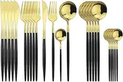 Uniturcky Gold Silverware Set, 24-Piece Stainless Steel Flatware Set Service for 6, Mirror Polished Black Handle Tableware Cutlery Set Knife Fork and Spoon for Home & Restaurant, Dishwasher Safe