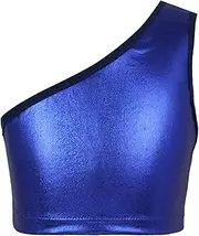 [FEESHOW] Kids Girls One Shoulder Crop Tops Athletic Shiny Metallic Dance Crop Top Plain Sports Vest Tee Shirts