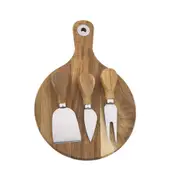 4pc Tempa Fromagerie 26cm Acacia Wood Round Cheese Board Platter w/Knife/Fork