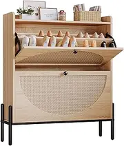 [IRONCK] Shoe Cabinet Storage with 2 Flip Drawers, Free Standing Wooden Shoe Storage Organizer Cabinet with Rattan Doors for Entryway, Narrow Shoe Rack Cabinet, Oak