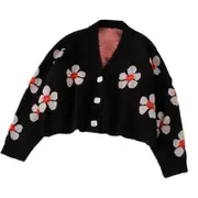 Womens Flower Cardigan V Neck Button Down Open Front Sweater-Black