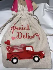 NEW! Red Truck Valentine's Burlap Look FABRIC Drawstring Gift Bags Farmhouse