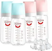 [Evorie] Tritan Baby Feeding Bottle & Teat for Milk Formula - Crystal-Clear, Wide Neck & Anti-Colic - 240ml (Blue Pink, Pack of 4+3)