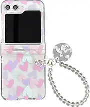 for Galaxy Z Flip 5 Cases, Girls Kids Women Cute Girly Bling Glitter with Bracelet Wristband Beads Strap Keychain Clear Protective PC Case Cover for Samsung Galaxy Z Flip5 (2023) - Purple Love Heart