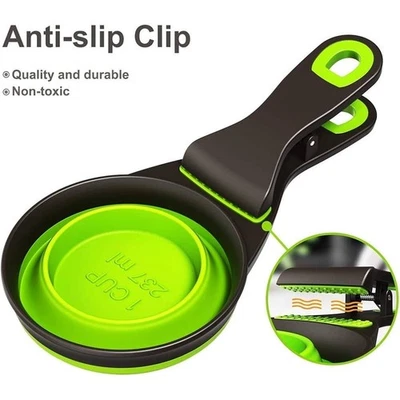 3 in 1 Pet Scoop Folding Grain Bag Holder Measuring Cup Dog Food Spoon