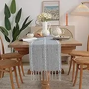 Minimalist Striped Solid Color Polyester Table Runner, Boho Handmade Tassel Embroidered Table Runners for Holiday Party, Wedding and Dining Decorations, 12 x70 inches