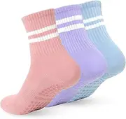 [Ivyhouse] 3 Pairs Pilates Socks with Grips for Women, Non Slip Yoga Socks, Pure Barre Grip Socks for Yoga, Ballet, Dance, Barefoot Workout, Gym, Hospital, Home (grey,blue,pink), 3 Pairs B