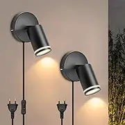 LED Wall Light Indoor with Plug in and Switch Wall Lamp 350° Rotate Wall Lighting Dimmings Reading Wall Sconce Modern Decoration Aluminium for Office Living Room Bedroom (Black,2 Packs)
