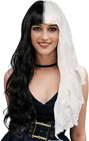 Half Black and White Wig Wavy Women's Curly Costume Wigs Cosplay Wig For Halloween Party (Black White, 65cm)