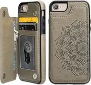 iPhone 7 iPhone 8 Case Wallet with Card Holder,Vaburs Embossed Mandala Pattern Flower Premium PU Leather Double Magnetic Buttons Flip Shockproof Protective Case(Gray)