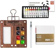 Pocket Artist Watercolor Travel Set, Mini Portable Wooden Paint Palette with Clip (12 Colors 8 Grid Set)