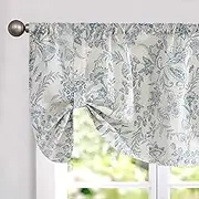 Lazzzy Kitchen Tie Up Valance Curtain Linen Floral Farmhouse Valance for Living Room Bathroom Bedroom Country Window Treatments Small Cafe Curtain 18 Inch Rod Pocket 1 Panel Blue on Beige
