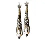 Earrings, bronzed boho filigree vintage long drop Cream pearl choose fittings