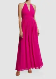 $295 Aidan Mattox Women's Pink Chiffon Pleated Chain Halter Gown Dress Size 10