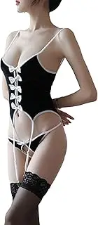 [Zylphorix] Women Lace Bodysuit Lingerie Babydoll with Garter Mini Teddy Bodysuits Deep V Neck Mesh Body Suits Underwire