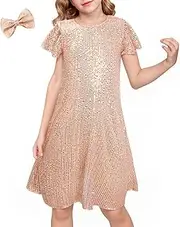 LQSZ Girls Sparkly Sequin Party Dress with Hairbow Flutter Sleeves Elegant Prom Wedding Concert for 3-12 Years